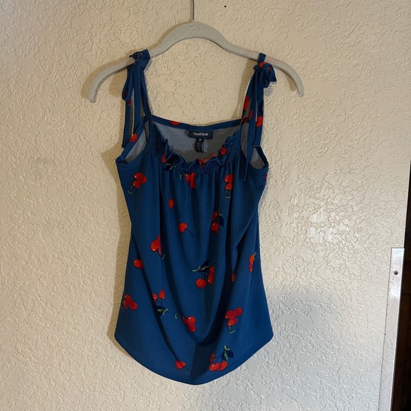 Modcloth Tank Top Womens Medium Blue Cherry Bomb Print Coquette 90 Kidcore Retro - Picture 3 of 14